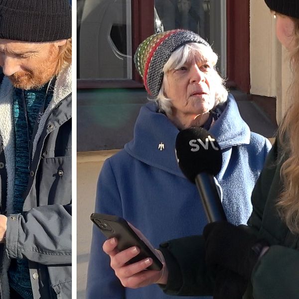 Bilden är delad och består av två sektioner. I den vänstra sektionen tittar två personer på en mobiltelefon i ett utomhusmiljö. I den högra sektionen intervjuar en reporter med SVT:s mikrofon en person som håller i en mobiltelefon.
