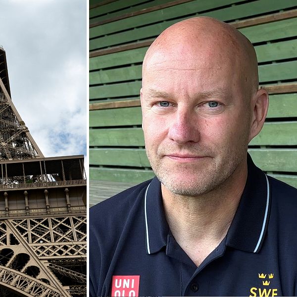 Bild på OS-ringarna på Eiffeltornet i Paris och en bild på Niclas Grön som är truppchef
