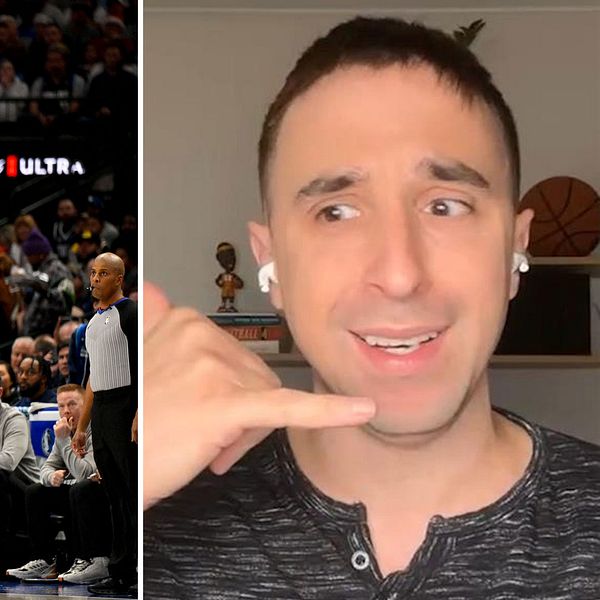 Till vänster: Basketspelare från Dallas Mavericks och Los Angeles Lakers i strid om bollen under en match på fullsatt arena. Till höger: En person med suddat ansikte syns i en närbild.
