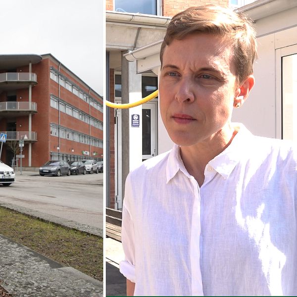 Hallands sjukhus skylt och Carolina Samuelsson sjukhuschef
