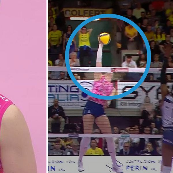 Delad bild. Vänster: volleybollspelare i rosa tröja. Höger: smashar boll i match.