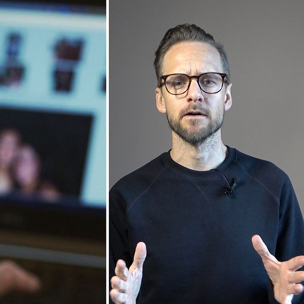 En delad bild som visar två sektioner. Den vänstra sektionen visar en person som sitter vid en dator och blickar ner mot skärmen där bilder syns. Den högra sektionen visar SVT:s reporter Henrik Kilefors.