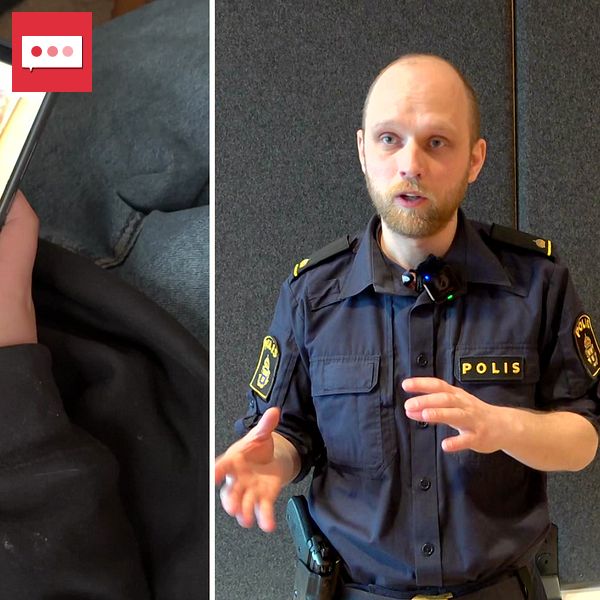Tvådelad bild. Vänster: person håller smartphone. Höger: polis i uniform gestikulerar.