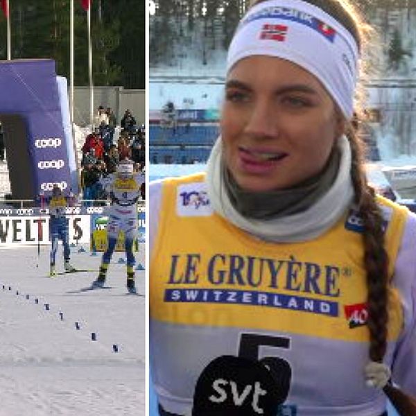 Norskan Kristine Stavås Skistad gjorde en kaxig gest mot konkurrenterna när hon åkte över mållinjen i Lahtis.