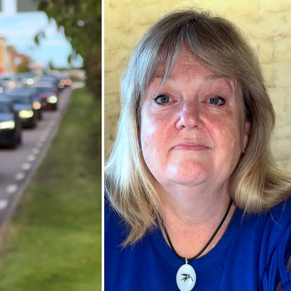 Mikaela Odemyr, Astma- och allergiförbundets ordförande, samt köer på E4 i centrala Örnsköldsvik.