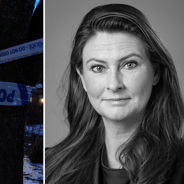 Polisens avspärrning sträcker sig runt en trädstam utanför en flerfamiljebyggnad på en snötäckt gata. Till vänster syns en del av byggnaden i bakgrunden, vilket ger en känsla av en plats som är under utredning. Till höger är en bild på en kvinna, Therese Linderoth, hovrättsråd.