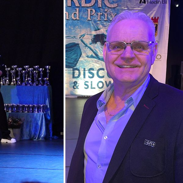 tvådelad bild. till vänster syns två tjejer dansa discodans iklädda speciella glittriga danskläder. i bakgrunden syns en man och flera pokaler och medaljer. Till höger i bild står en äldre man med glasögon och grått hår och ler in i kameran.