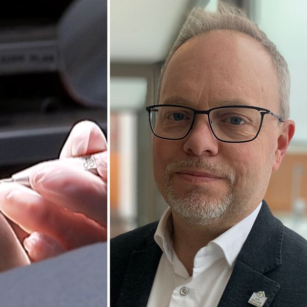 En delad bild som visar två scener. Till vänster ses en tandläkare som arbetar med en patients tänder, med fokus på verktygen och händerna som utför behandlingen. Till höger syns en man i en kostym, i kontorsmiljö,