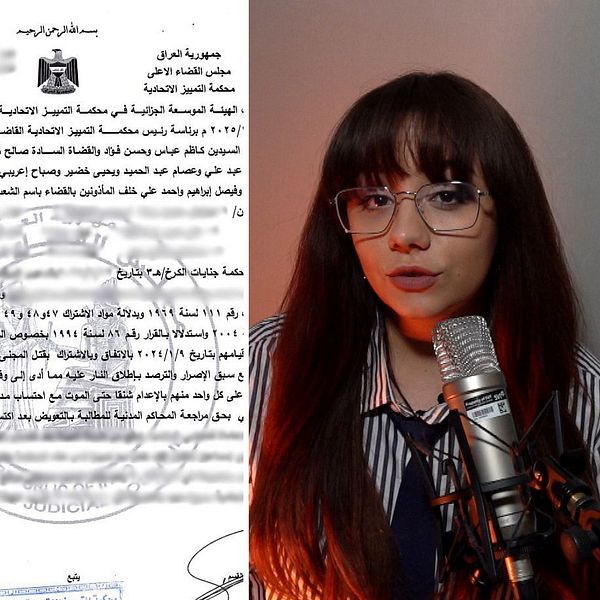 Iraks högsta domstols dokument om mordet på Benzema, med två porträttbilder och mikrofon
