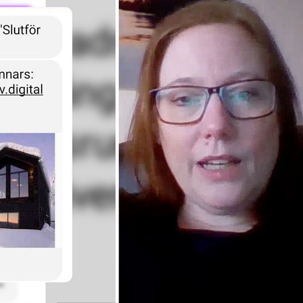 Delad bild – till vänster en bild på en falsk airbnb-länk och till höger en bild på en kvinna med glasögon och mörkt hår
