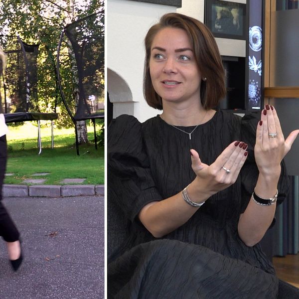 En delad bild som visar två scener. Den vänstra sektionen visar en person som bär en stol på en uppfart vid en röd byggnad med vita detaljer. Den högra sektionen visar en person som gestikulerar med händerna, sittande i en inomhusmiljö med böcker och dekorativa föremål i bakgrunden.