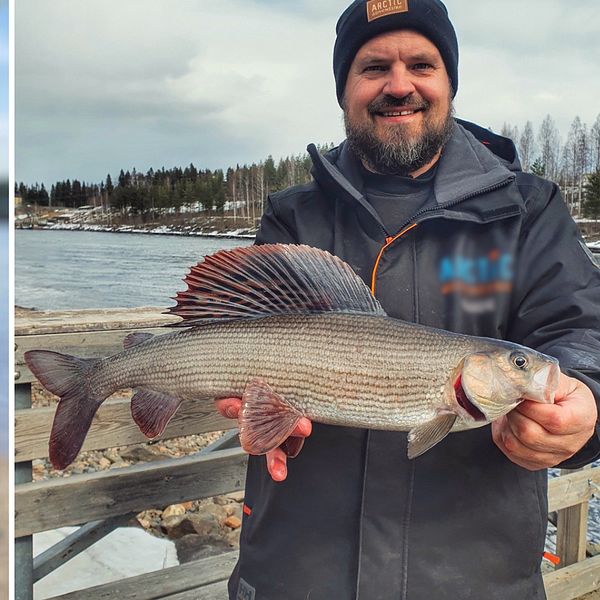 En skylt där det står ”varning för stora fiskar” och en kille som håller i en stor harr.