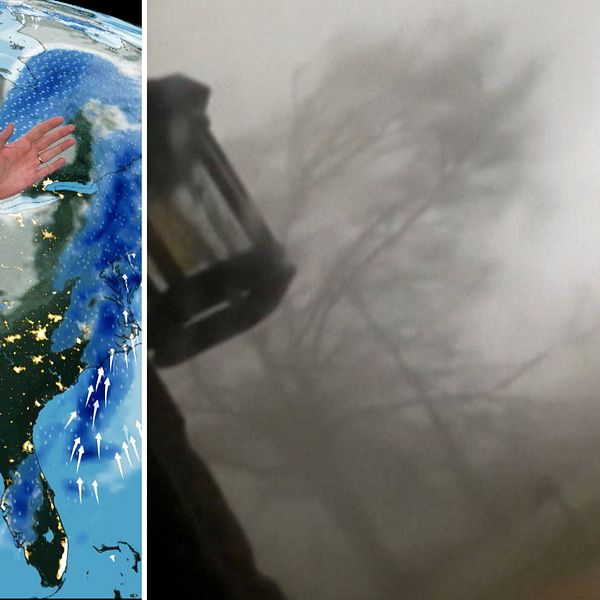 Delad bild. Vänster: meteorolog pekar på väderkarta. Höger: stormigt väder och en lyktstolpe.