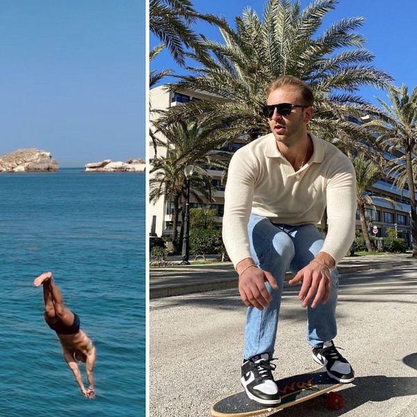 En person dyker ner i havet på Rhodos och en kille, Alexandros Papadopoulos, kommer åkande på en skejtboard.
