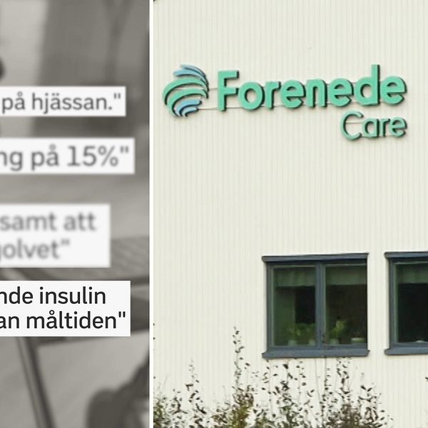 Citat om vanvård på äldreboende och Forenede Care-logotyp på fasad.