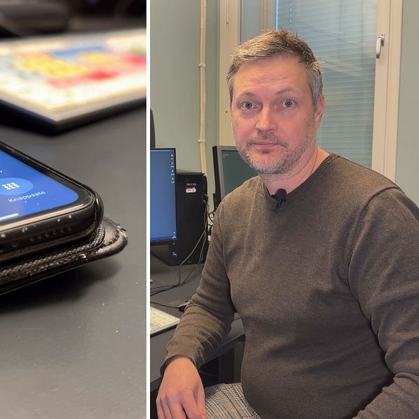 En mobiltelefon på ett skrivbord och en bild på Thomas Sundberg.
