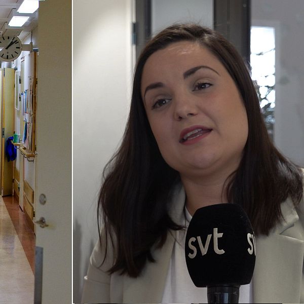 En bild på vårdpersonal i en korridor och en intervjubild med Henrietta Serrate Modig (S) i region Kronoberg