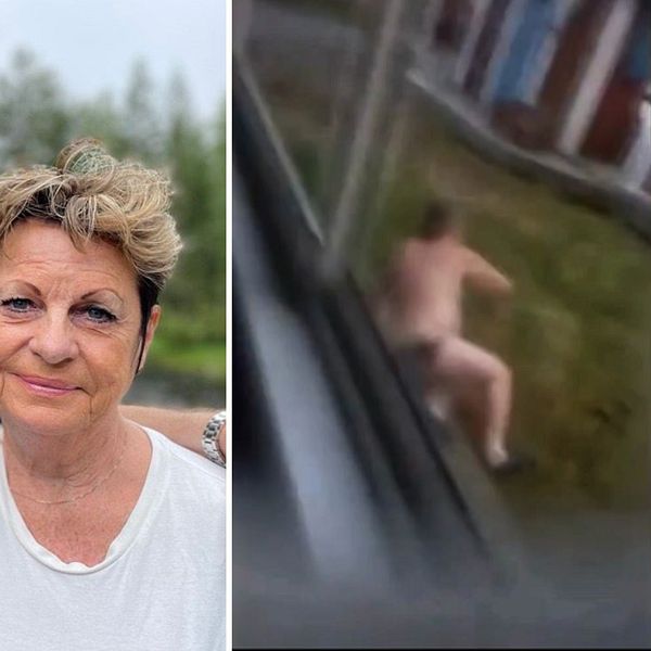 Tvådelat bild: Ola Håkansson och Maud Ljungberg på en porträttbild och Ola i kalsongerna från ett videoklipp när han springer från en björn.