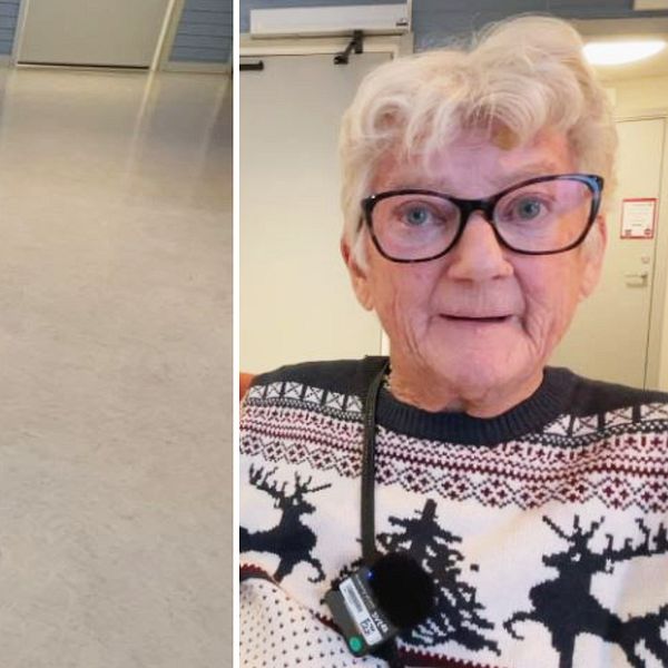 En robotdammsugare och en äldre kvinna.