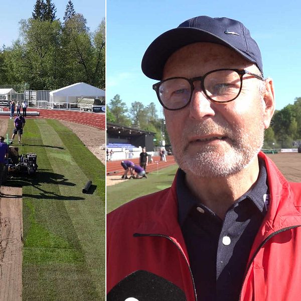 Gräs läggs ut på Finnvedsvallen. Till höger porträttbild på en åskådare