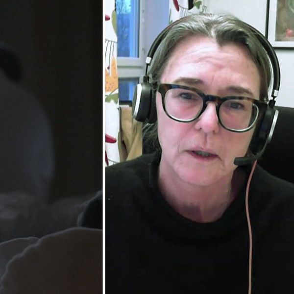 Delad bild: Till vänster ses en suddig bild av en person som sitter på en säng i ett dunkelt rum med ett fönster i bakgrunden. Till höger är en person med hörlurar i en inomhusmiljö, med en suddad ansikte.
