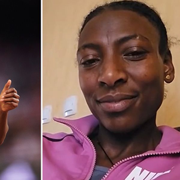 Tvådelad bild. Vänster: svensk löpare i tävling. Höger: person i rosa Nike-jacka.