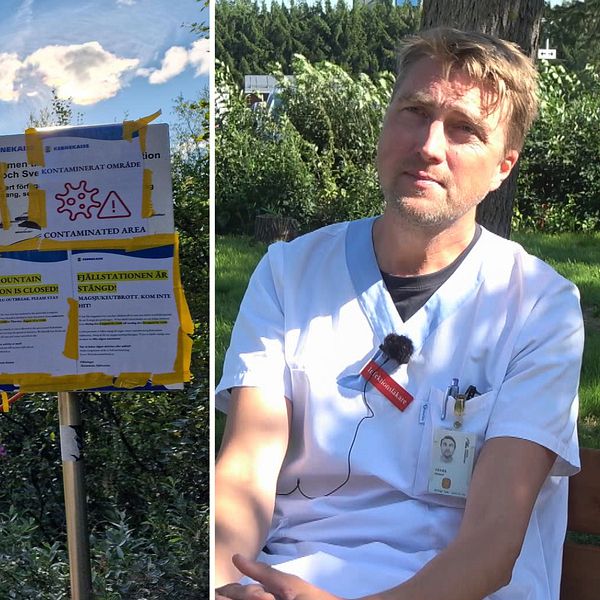 till vänster bild på Kebnekaise och skylt som varnar för magsjuka. Till höger bild på biträdande smittskyddsläkare Jonas Hansson.