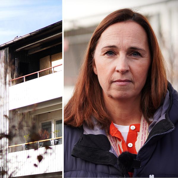 Till höger är Therese Berg, fastighetschef på Uppsalahem. Till vänster ser vi de brända taken av lägenheterna i Gottsunda.