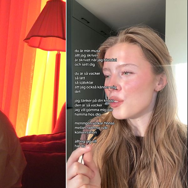 En delad bild som visar två olika sektioner. Den vänstra sektionen visar en person som sitter med en bok i knät, omgiven av varm, röd belysning. I den högra sektionen visas en annan person som håller i en mic och vid sidan har hon en skrivit ner sin dikt.