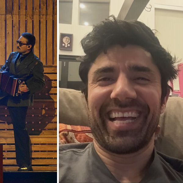 Delad bild. Till vänster: tre män uppträder framför eld. Till höger: person inomhus i soffa.