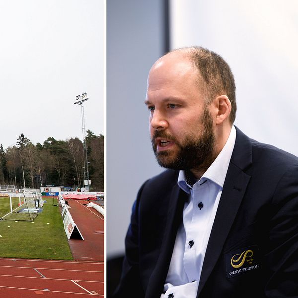 Tvådelad bild. Till vänster: öde fotbollsplan och löparbanor.