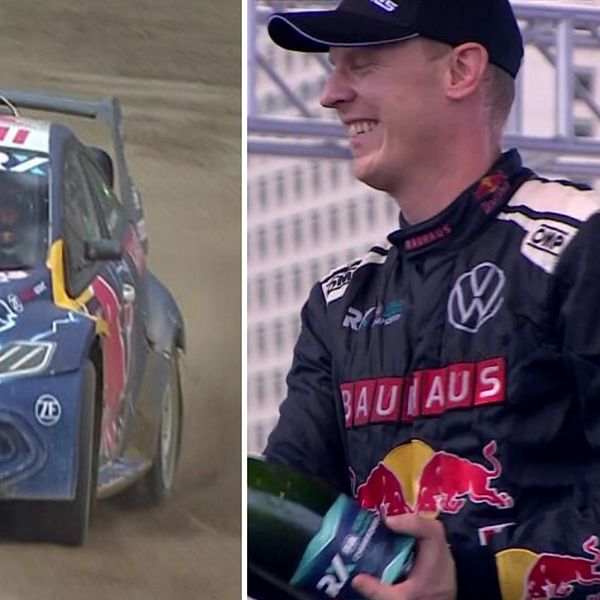 Johan Kristoffersson firar rallycross-segern.