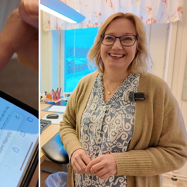 En delad bild som visar två sektioner: till vänster en närbild av en hand som håller en smartphone med en artikel om avfallshantering på skärmen, och till höger en person som står i ett rum med fönster.