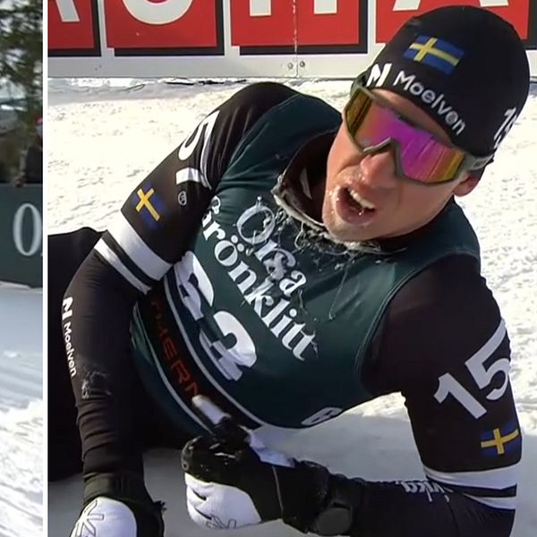 En delad bild där den första sektionen visar en längdskidåkare som energiskt åker skidor på en snöig bana omgivet av träd och reklamskyltar. Den andra sektionen visar samma skidåkare sittande på snön, bärandes en tävlingsdräkt med nummer 23 och svenska flaggan på mössan och ärmen.