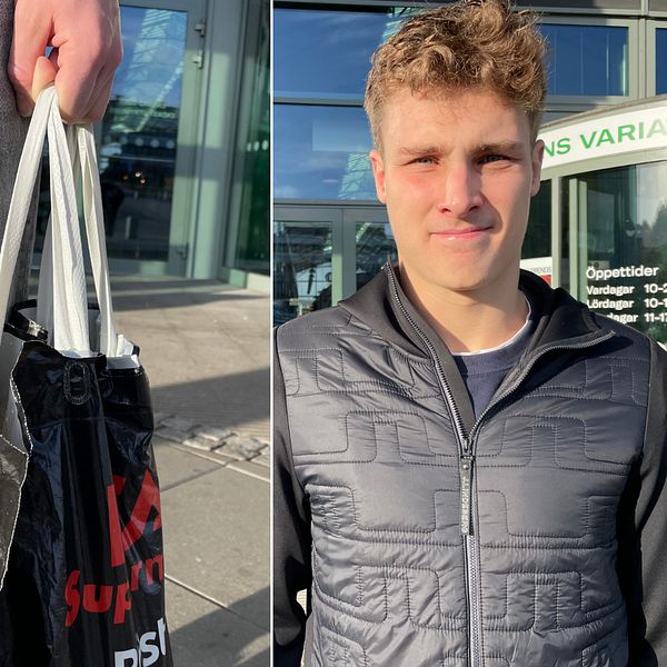 En delad bild som visar två personer och en plastpåse. Den vänstra sektionen visar en kvinna klädd i en svart jacka som står utomhus. Den mittersta sektionen visar en hand som bär en svart shoppingpåse. Den högra sektionen visar en man i en svart jacka som står framför ett shoppingcenter.