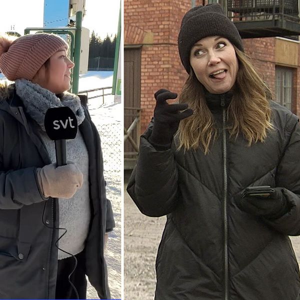 Bild 1: En reporter utanför centrumhuset i Deje. BIld 2: Reporter utanför vintrig fotbollsarena Mallbacken. Bild 3: En reporter som gör en grimas.
