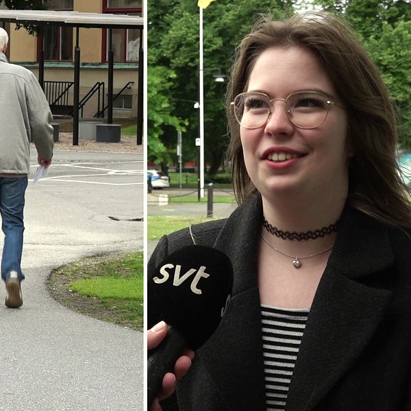 En man går mot en vallokal och en ung kvinna intervjuas.