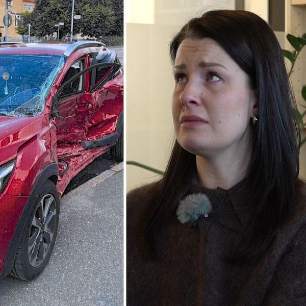 Tredelad bild. Vänster: SVT-reporter i vinterkläder. Mitten: Röd bil med skador. Höger: Person i mörk tröja.