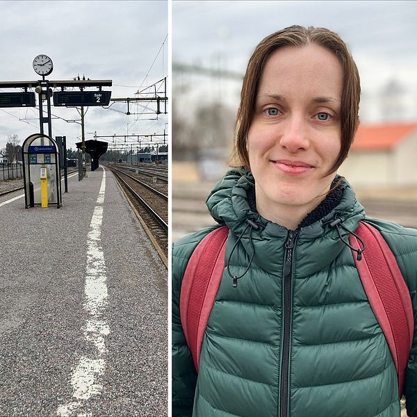 En tredelad splittbild, till vänster Anton Algotsson, i mitten en tågperrong och till höger Kristin Larsson. Alla bilder tagna vid tågstationen i Frövi.