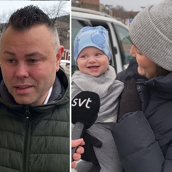 Tre personer står utomhus i en snöig miljö, klädda i vinterjackor. Den första personen till vänster har långt hår och står vid en butik. I mitten syns en man med kort hår, som står på en gata. Till höger håller en kvinna en liten baby och pratar in i en mikrofon med en SVT-logotyp.