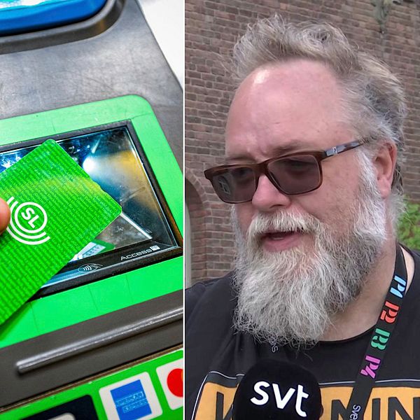 Stockholmare visar SL-kort vid biljettmaskin och intervjuas om sänkt månadskortpris