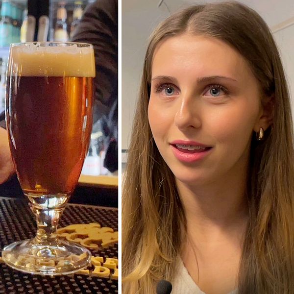 Delad bild – till höger en bild på ett ölglas som ska betalas för, till vänster en ung kvinna med mörkt hår, Nellie Vallhagen, som just gått en alkoholkurs i Sälen.