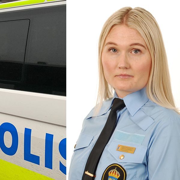 En delad bild. Polisbil samt kvinna med ljust hår i polisuniform