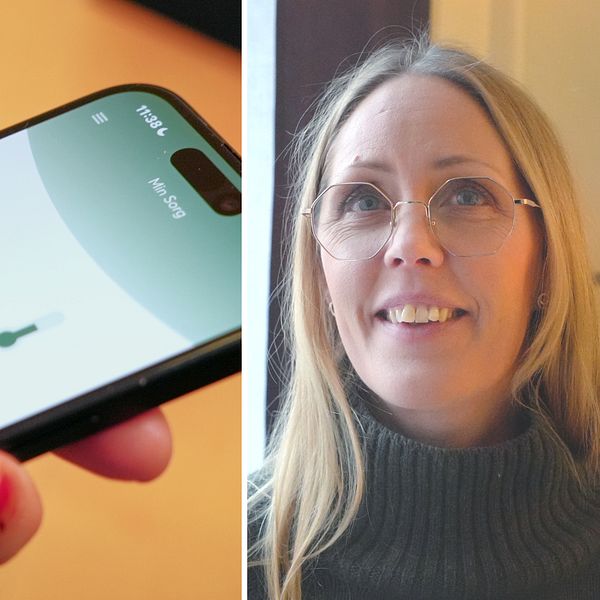 En person håller i en smartphone som visar en användarvänlig app med ikoner för olika hälsofunktioner som vaccination, temperatur och wellness. I den andra sektionen syns en person med blont hår, iförd en mörk tröja.
