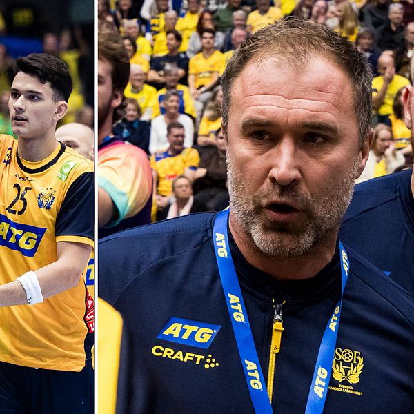 Svenska handbollsspelare firar under match mot Spanien inför gulklädd publik.