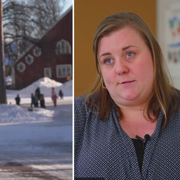 Till vänster skolgård med lekande barn till höger intervjupersonen i klippet