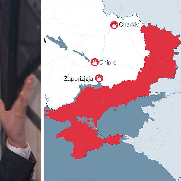 Blond man till vänster, karta på Ukraina med områden kontrollerade av Ryssland markerade i rött