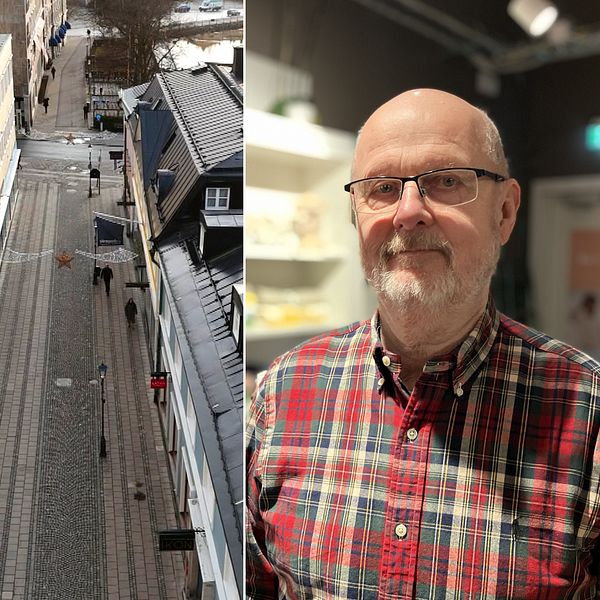 Tre sektioner av en delad bild: Den vänstra visar en man i en röd tröja i ett inomhusmiljö. Den centrala sektionen visar en översikt av en tom gata med byggnader på sidorna, och den högra sektionen visar en man i en rutig skjorta i en livsmedelsbutik.