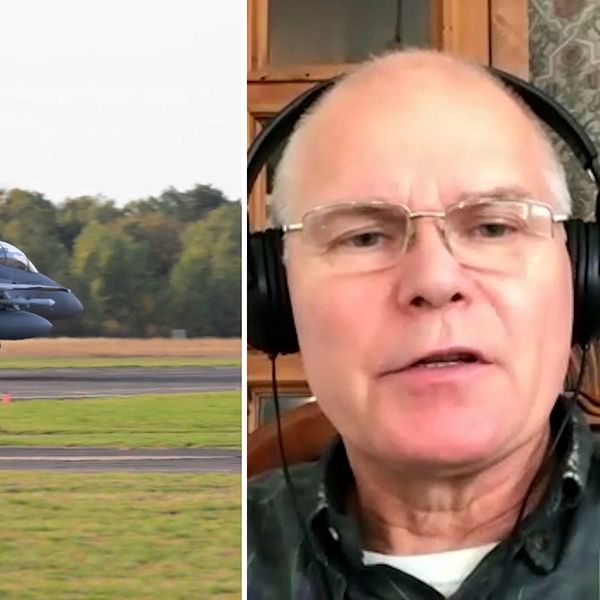 Delad bild. Längst till vänster: ett stridsflygplan landar på en flygbas.