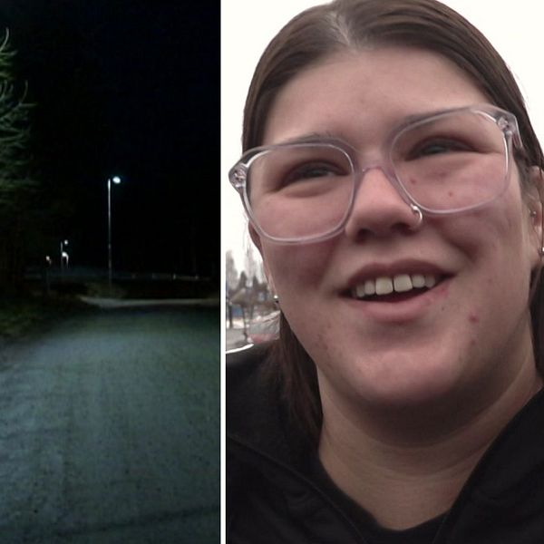 Två porträttbilder, en på en man och en på en kvinna, mellan bilderna en bild på en mörk gata i Umeå